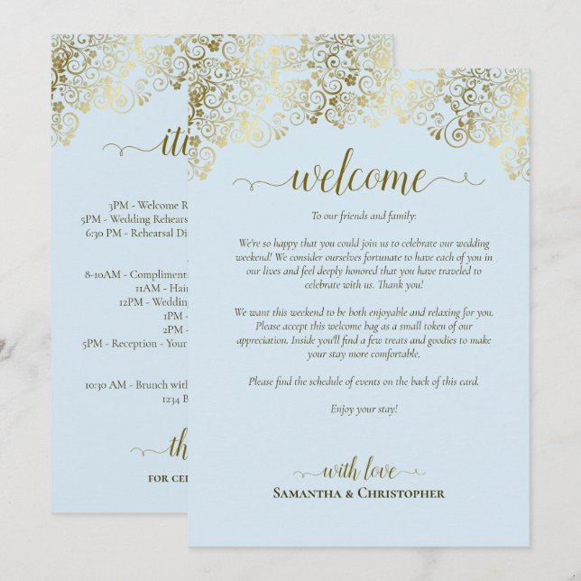 Fancy Pale Blue & Gold Wedding Welcome & Itinerary Program (Front/Back)