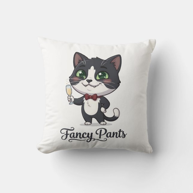 Fancy Pants Tuxedo Cat Cheers Throw Pillow (Front)