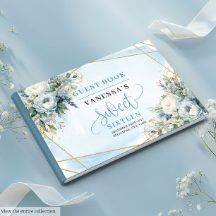Fancy Pastel Blue White Gold Floral Sweet Sixteen Guest Book