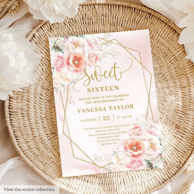 Fancy Pastel Pink Sage Gold Floral Sweet 16 Invite (Fancy Pastel Pink Sage Gold Floral Sweet 16 Invite)