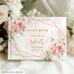 Fancy Pastel Pink Sage Gold Floral Sweet Sixteen Guest Book