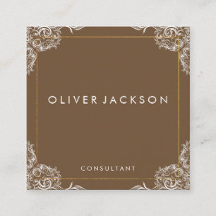 Fancy Pattern Gold Border / Brown Square Business Card
