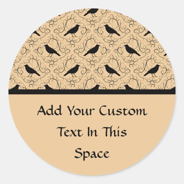 Fancy Pattern with Crows. Black and Beige. Classic Round Sticker (Front)