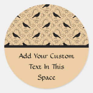 Fancy Pattern with Crows. Black and Beige. Classic Round Sticker