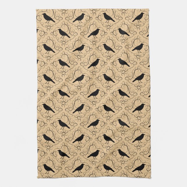 Fancy Pattern with Crows. Black and Beige. Towel (Vertical)