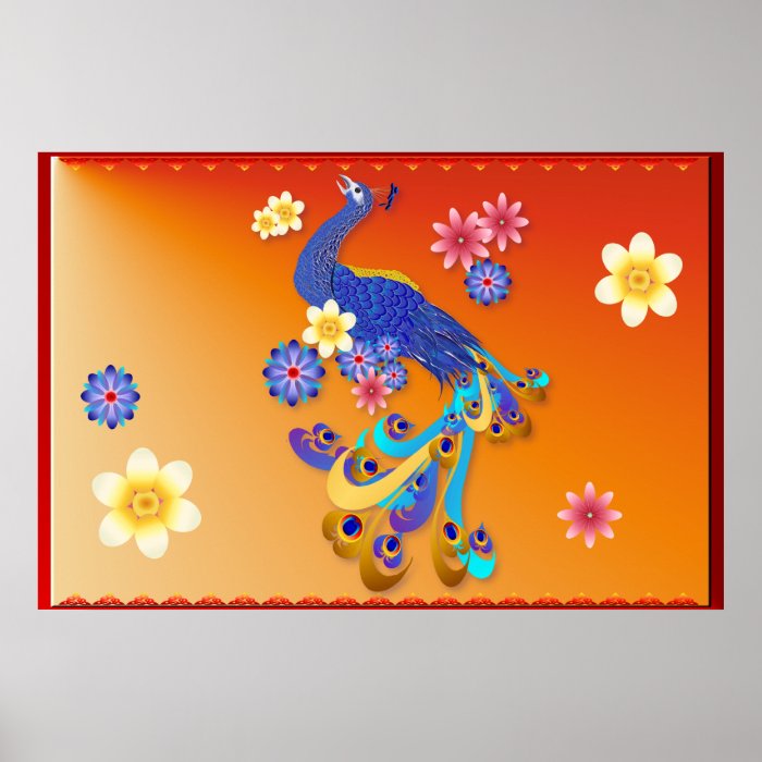 Fancy Peacock and Flowers wide Poster