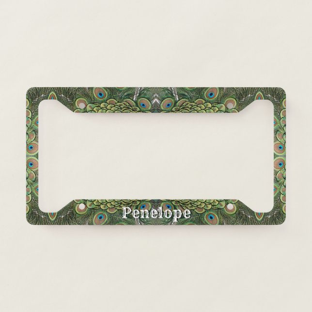 Fancy Peacock Feather Abstract with Your Name License Plate Frame (Front)