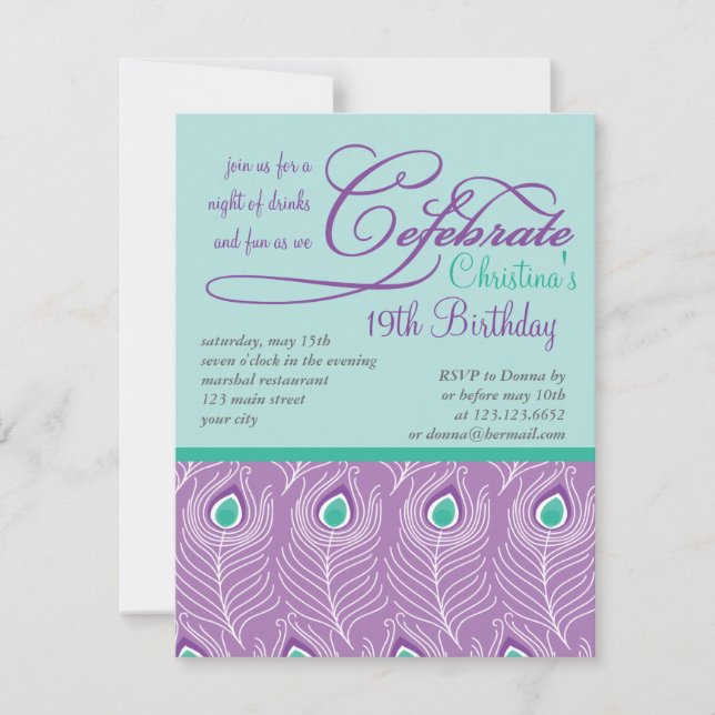 Fancy Peacock Feathers Birthday Party Celebration Invitation (Front)
