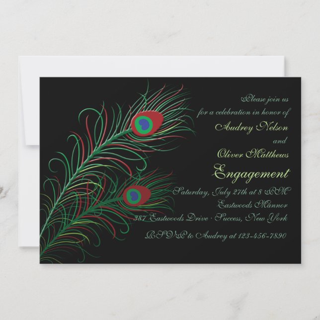 Fancy Peacock Feathers Black Invitation (Front)