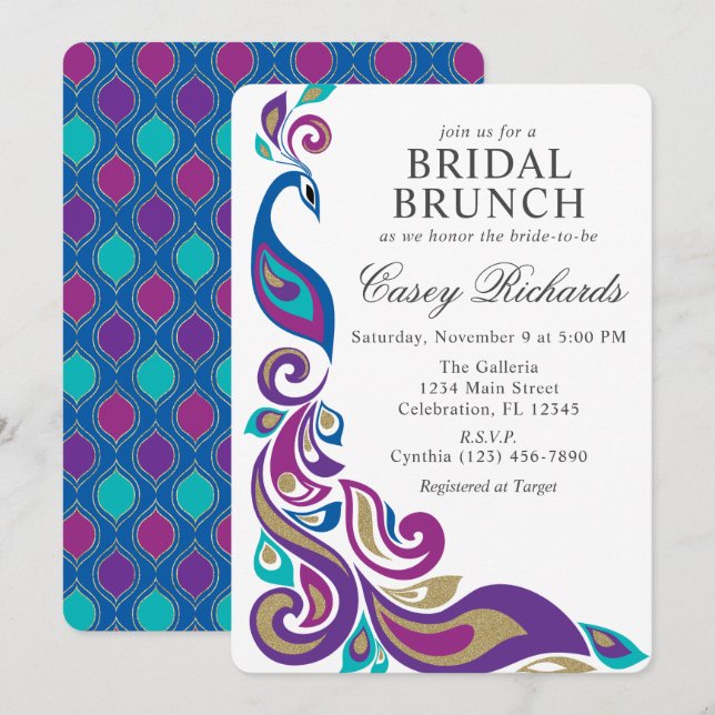 Fancy Peacock Purple and Teal Bridal Shower Invitation (Front/Back)