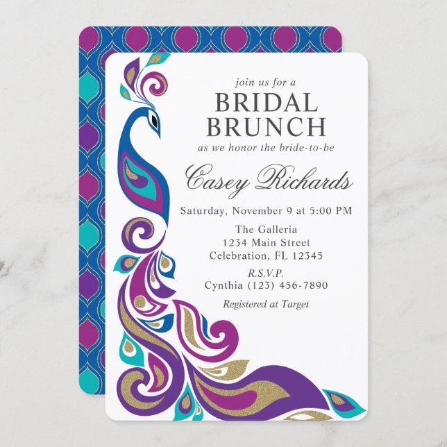 Fancy Peacock Purple and Teal Bridal Shower Invitation (Front/Back)