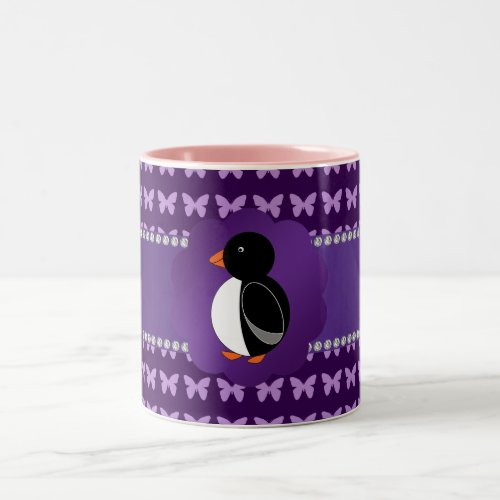 Fancy penguin purple butterflies Two_Tone coffee mug