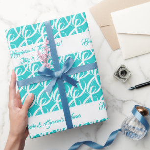 Fancy Personalized Bride, Groom Aqua Blue Wedding Wrapping Paper