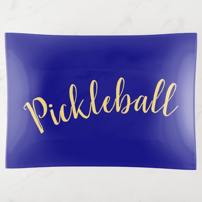 Fancy "Pickleball" Script Royal Blue Background Trinket Tray (Front)