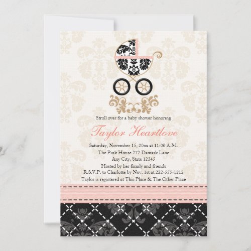 Fancy Pink and Black Damask Carriage Baby Shower Invitation