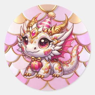 Fancy Pink and Gold Dragon Girl's Birthday Classic Round Sticker