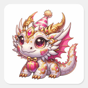 Fancy Pink and Gold Dragon Girl's Birthday Square Sticker