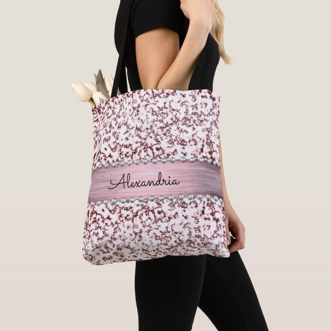 Fancy Pink Blush Marble Glitter Personalized Tote Bag (Close Up)