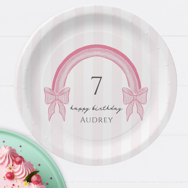 Fancy Pink Bow Rainbow Coquette Birthday Paper Plates (Creator Uploaded)