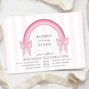 Fancy Pink Bow Rainbow Girls Birthday Party Invitation