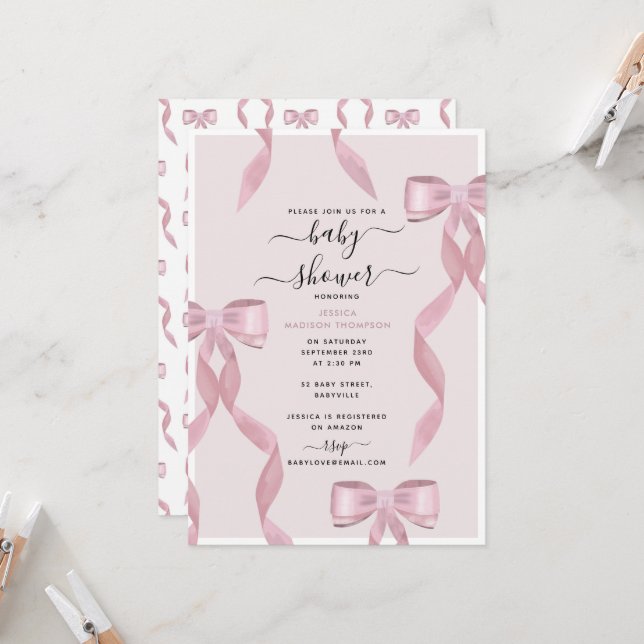 Fancy Pink Bow Theme Girly Baby Shower Invitation (Front/Back In Situ)