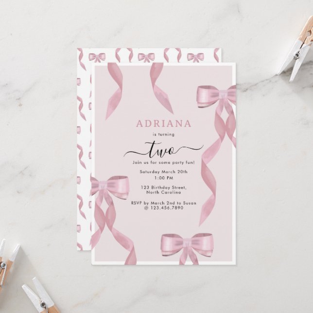Fancy Pink Bow Theme Girly Birthday Invitation (Front/Back In Situ)