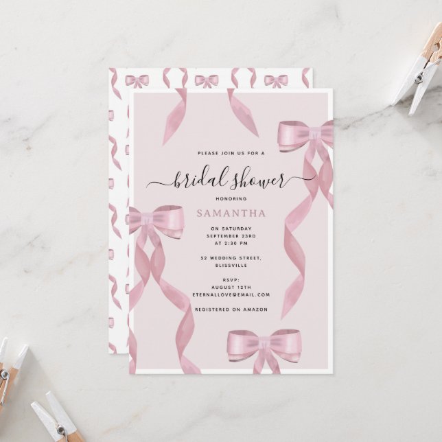 Fancy Pink Bow Theme Girly Bridal Shower Invitation (Front/Back In Situ)