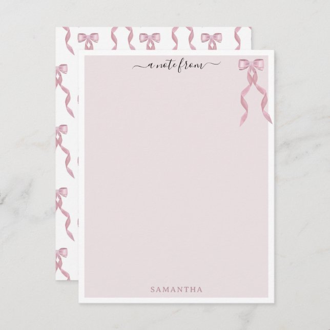 Fancy Pink Bow Theme Girly Personalized Stationery Note Card (Front/Back)