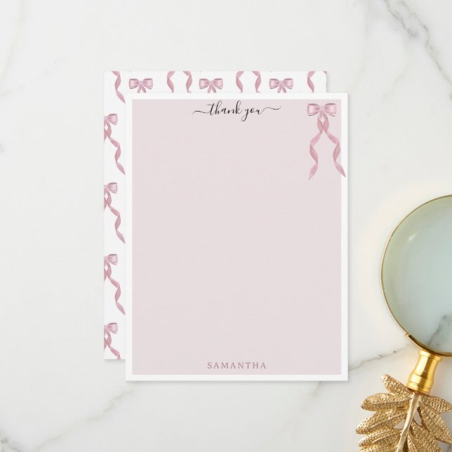 Fancy Pink Bow Theme Girly Personalized Stationery Thank You Card (Front/Back In Situ)
