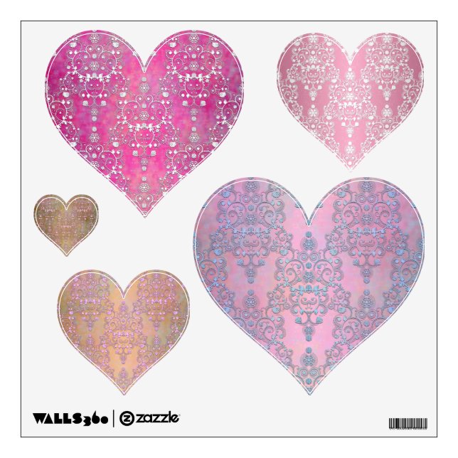Fancy Pink Damask Hearts Set of Wall Decals (Front)