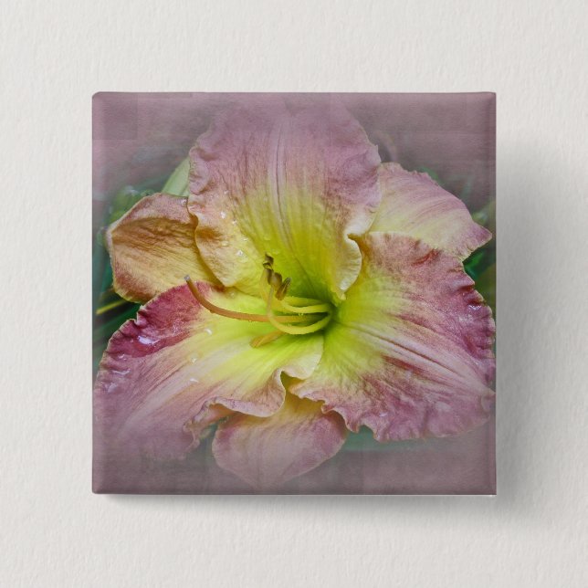 Fancy Pink Daylily Blossom Button (Front)