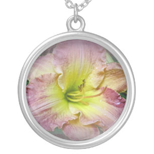 Fancy Pink Daylily Blossom Silver Plated Necklace