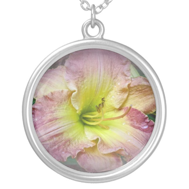 Fancy Pink Daylily Blossom Silver Plated Necklace (Front)
