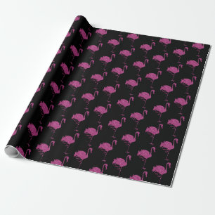 Fancy Pink Flamingos Tiled Pattern On Black Wrapping Paper
