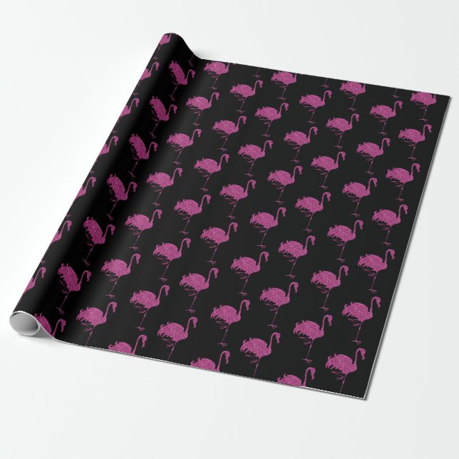 Fancy Pink Flamingos Tiled Pattern On Black Wrapping Paper (Unrolled)