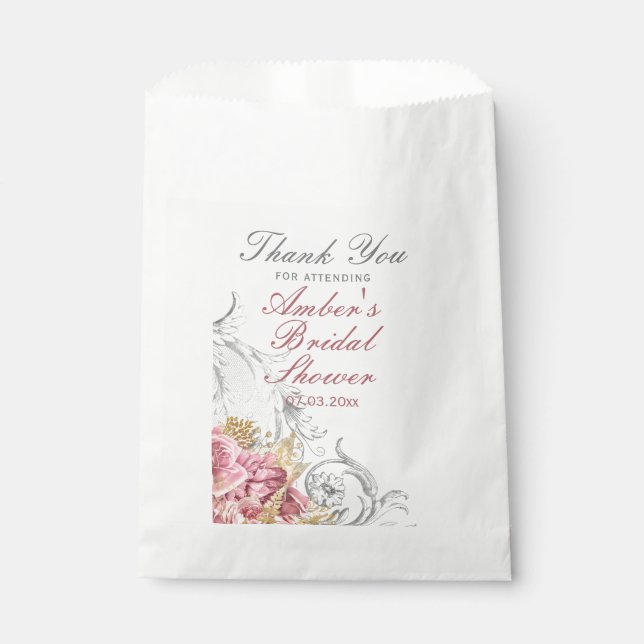 Fancy Pink Floral Bridal Shower Favor Bag (Front)