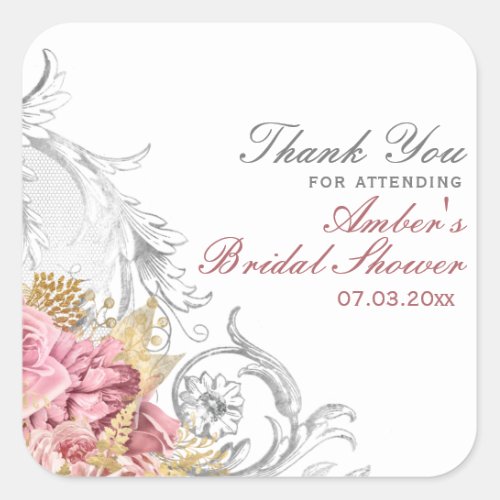 Fancy Pink Floral Bridal Shower Square Sticker