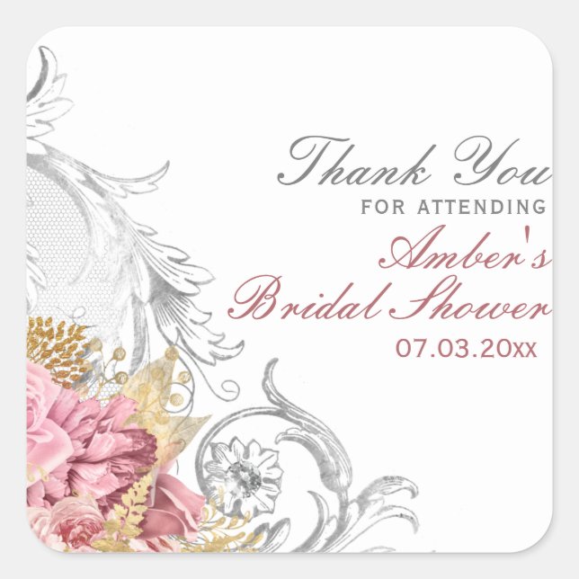 Fancy Pink Floral Bridal Shower Square Sticker (Front)