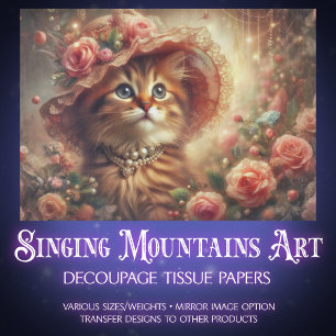 Fancy Pink Floral Shabby Chic Cat Decoupage Tissue Paper