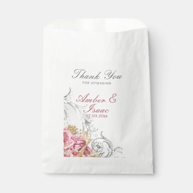 Fancy Pink Floral Wedding Thank You Favor Bag (Front)
