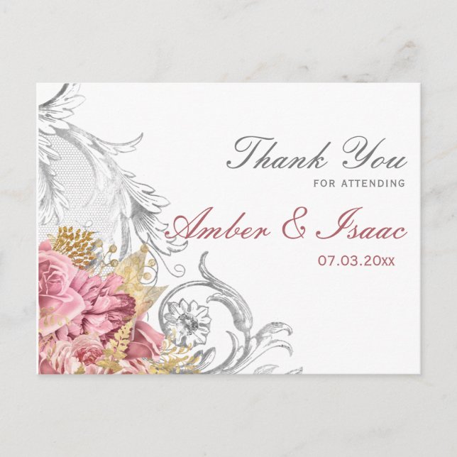 Fancy Pink Floral Wedding Thank You Postcard (Front)