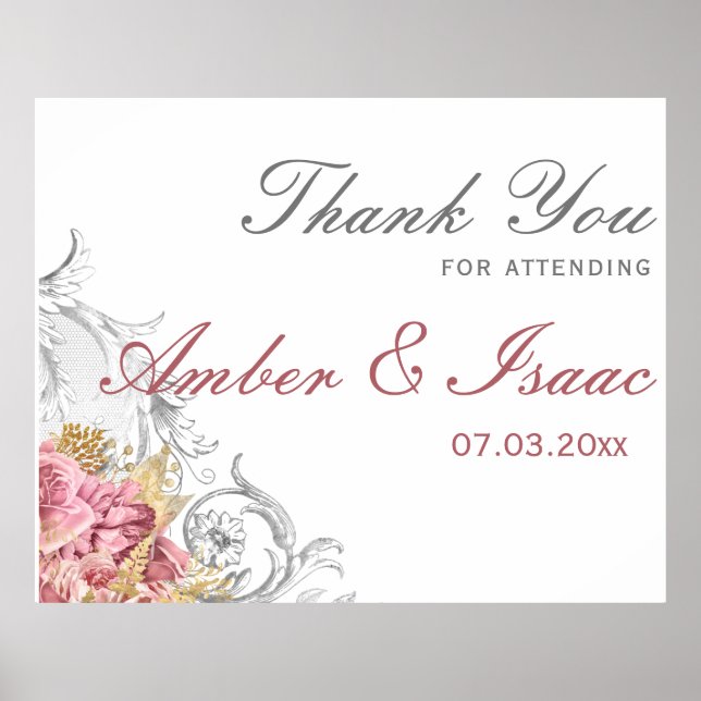 Fancy Pink Floral Wedding Thank You Poster (Front)
