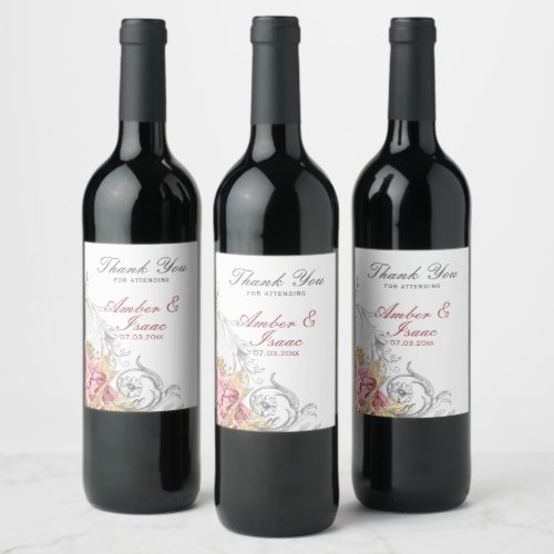 Fancy Pink Floral Wedding Thank You Wine Label