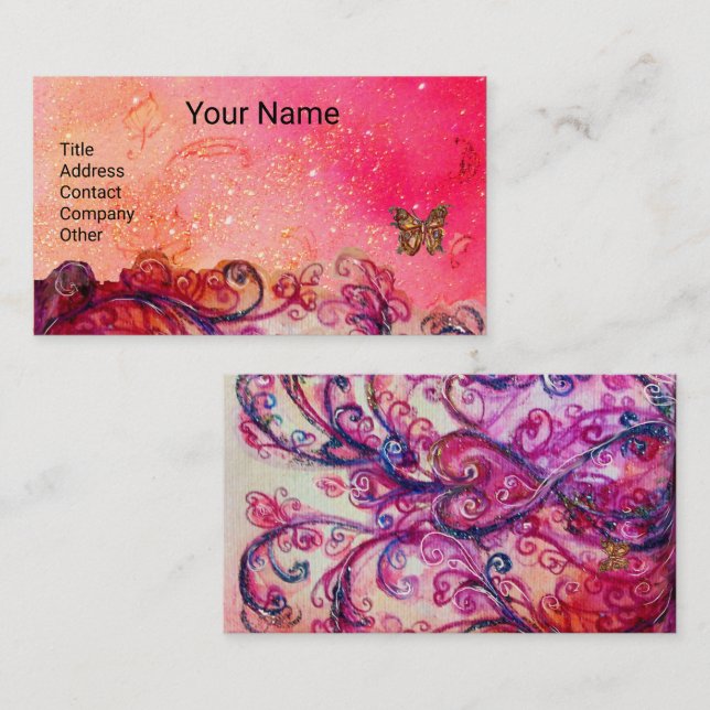 FANCY PINK FLOURISHES HEART,BUTTERFLY IN SPARKLES BUSINESS CARD (Front/Back)