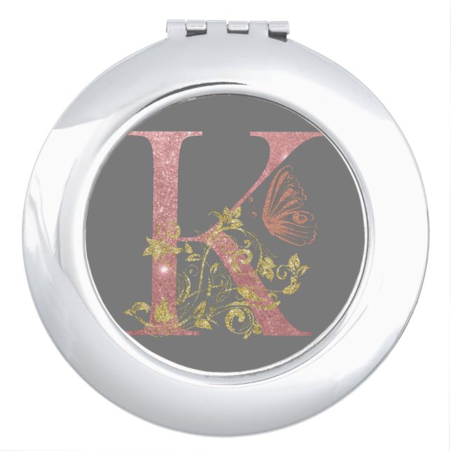Fancy Pink Glitter Letter K  Compact Mirror (Front)