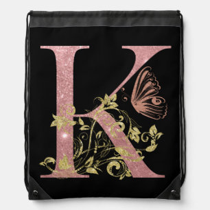 Fancy Pink Glitter Letter K Drawstring Bag