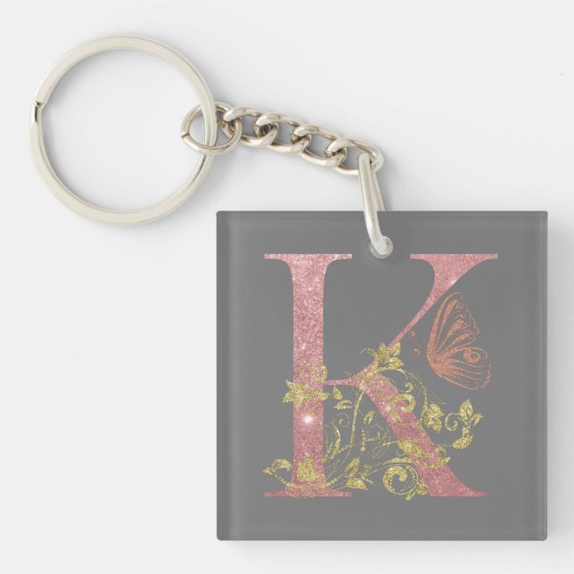 Fancy Pink Glitter Letter K   Keychain (Front)