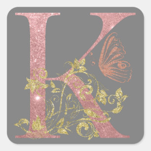 Fancy Pink Glitter Letter K Square Sticker