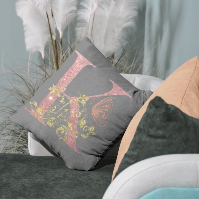Fancy Pink Glitter Letter K Throw Pillow (Creator Uploaded)
