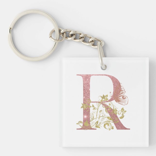 Fancy Pink Glitter Letter R  Keychain (Front)